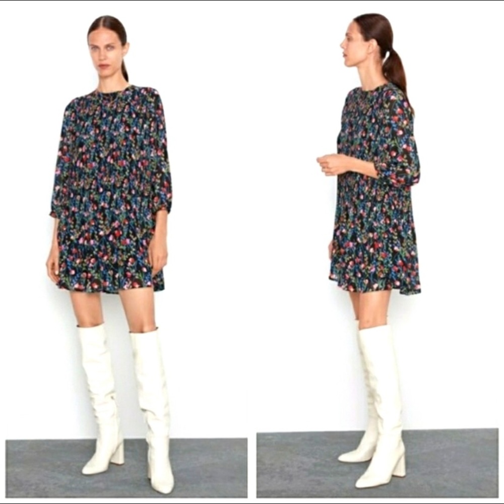 Zara Multicolor Floral Pleated “Annie” Mini Dress